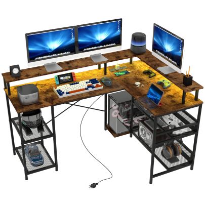 HOMCOM L Shaped Gaming Desk with LED Lights and Power Outlets, 150cm Corner Computer Desk with Monitor Stand and Storage Shelves, Home Office Desk for Small Space, Rustic Brown