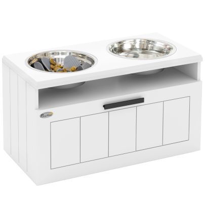 PawHut Raised Dog Bowl with Slow Feeder & 2 Stainless Steel Dog Bowl, 25L Storage Drawer, for Large & Extra Large Dogs, White