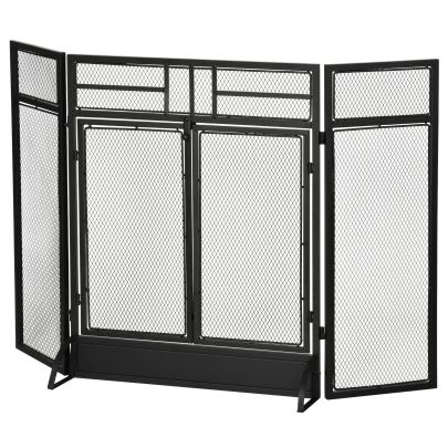  3-Panel Metal Mesh Folding Fireplace Screen with Door, Freestanding Spark Guard