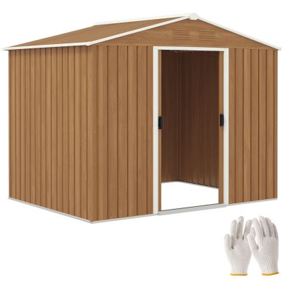 Outsunny 8 x 6ft Outdoor Garden Storage Shed, Metal Tool House with Ventilation and Sliding Doors Chocolate Wood Effect