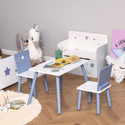  Kids Table and Chairs Set 3 Pcs Toddler Wooden Easy Assembly Blue and White
