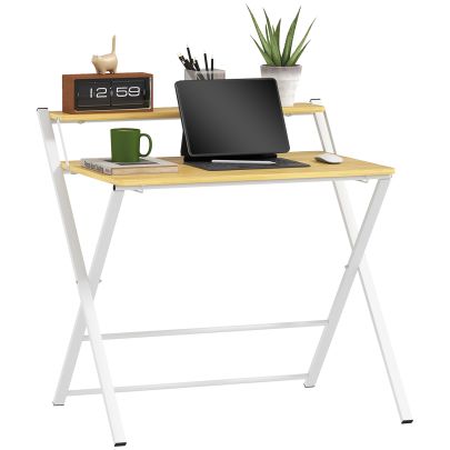 HOMCOM Compact Folding Desk for Small Spaces, Foldable Computer Desk with Storage Shelf for Home Office, 2 Tier Study Writing Table, 86 x 66 x 82 cm, Maple Wood effect