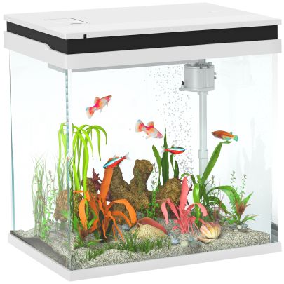 PawHut 26L Glass Fish Tank with Filter System, LED Lights, Water Pump, White