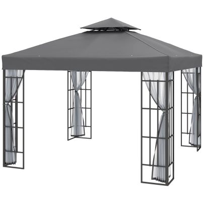 Outsunny 3 x 3(m) Patio Gazebo Canopy Garden Pavilion Tent Shelter with 2 Tier Roof and Mosquito Netting, Steel Frame, Grey