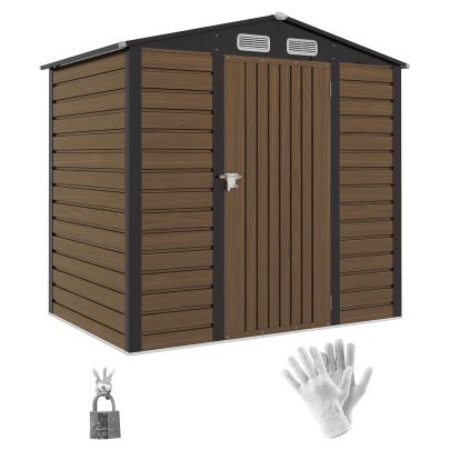 Outsunny 4 x 6ft Galvanised Steel Garden Shed, with Lock and Gloves Oak