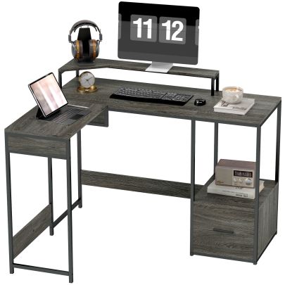 HOMCOM L Shaped Desk, Computer Desk with Liftable Desktop, Industrial Corner Desk with Drawer for A4 Letter Size, Home Office Desk with Monitor Stand for Home Office, Charcoal Grey