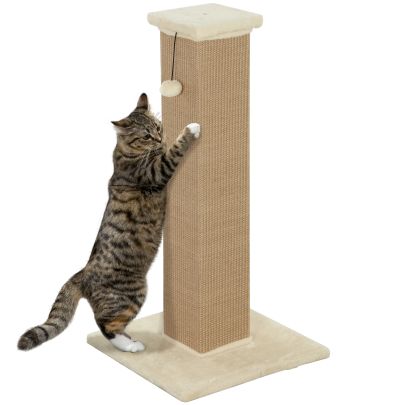 PawHut 81cm Cat Scratcher, Vertical Full Scratcher w Natural Jute Rope, Hanging Ball, Soft Plush Beige