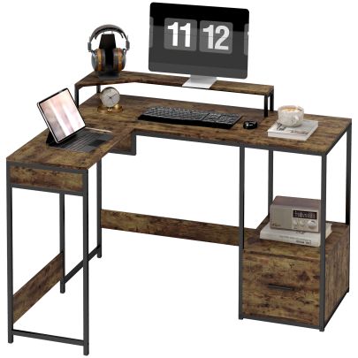 HOMCOM L Shaped Desk, Computer Desk with Liftable Desktop, Industrial Corner Desk with Drawer for A4 Letter Size, Home Office Desk with Monitor Stand for Home Office, Rustic Brown