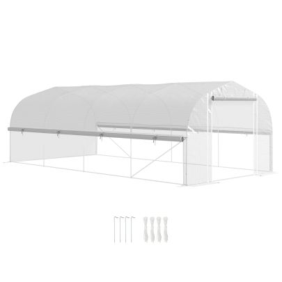 Outsunny 6 x 3 x 2m Walk in Polytunnel Greenhouse, Zipped Roll Up Sidewalls, Mesh Door, 8 Mesh Windows, Tunnel Warm House Tent with PE Cover, Complimentary Plant Labels and Gloves, White