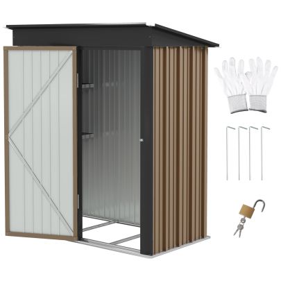 Outsunny Metal Garden Shed, Outdoor Lean to Shed for Tool Motor Bike, with Adjustable Shelf, Lock, Gloves, 5'x3'x6', Brown