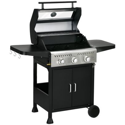 Outsunny 9kW Three Burner Gas BBQ Grill, with See Through Lid Black