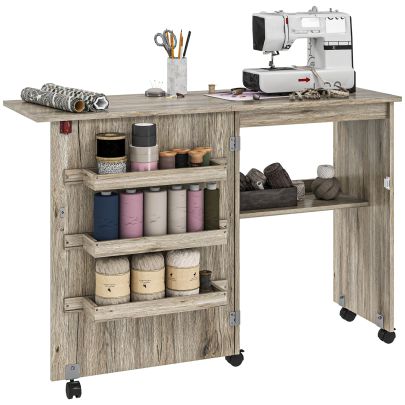 HOMCOM Folding Sewing Table, Drop Leaf Craft Table with Storage Bins, Open Shelf and Wheels, Rolling Sewing Machine Cabinet Computer Desk for Small Space, Grey