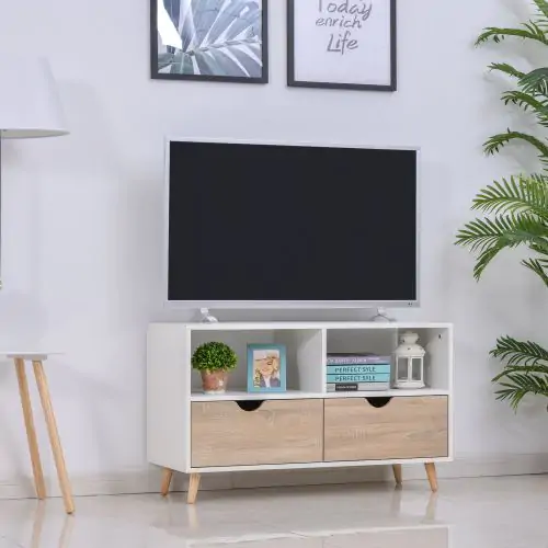  Particle Board TV Media Unit, 99L x 39W x 58Hcm-White/Oak