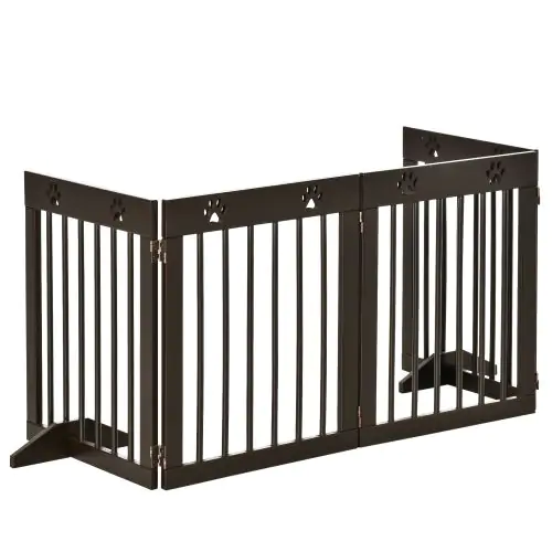  Freestanding Pet Gate 4 Panel Folding Wooden Dog Barrier w/ Support Feet