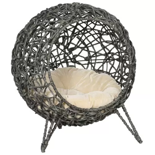 PawHut Rattan Elevated Cat Bed House Kitten Basket Ball Shaped Pet Furniture w Removable Cushion Silver Tone and Grey