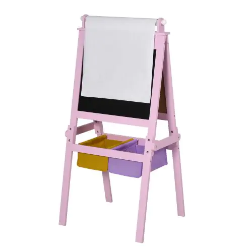  3 In 1 Kid's Wooden Art Easel with Dual-Sides and Storage Baskets, Pink