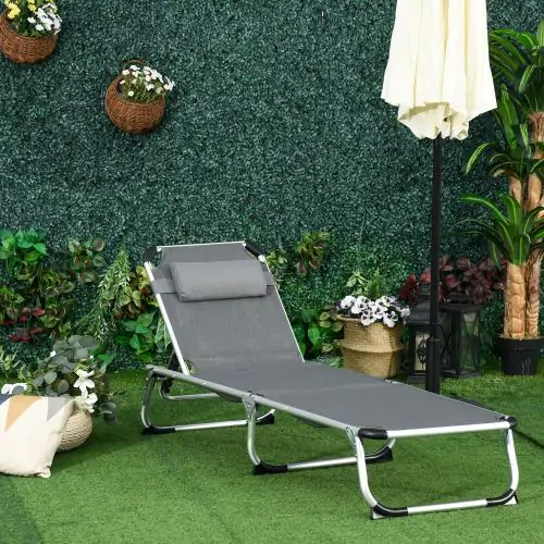  Folding Outdoor Reclining Sun Lounger Chair w/ Pillow Aluminium Frame Grey