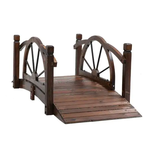  Wooden Garden Bridge Decorative Arc Footbridge w/ Safety Guardrail Stained Wood