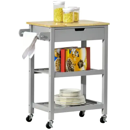  Kitchen Trolley Utility Cart on Wheels with Rubberwood Worktop, Towel Rack, Drawer