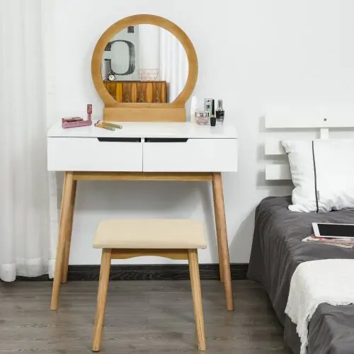  Pine Wood Dressing Table w/ Stool White/Oak