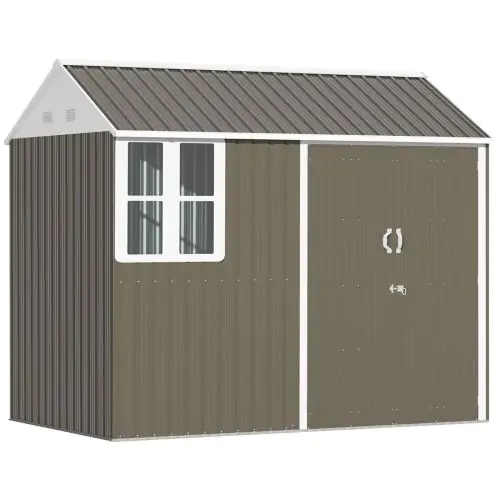 Outsunny 8 x 6 ft Metal Garden Storage Shed Patio Corrugated Roof Tool Storage Box w/ Double Door Window Sloped Roof, Grey