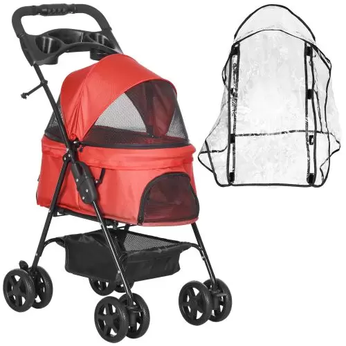 PawHut Dog Stroller with Rain Cover, Dog Pushchair One Click Fold Trolley Jogger with EVA Wheels Brake Basket Adjustable Canopy Safety Leash for Small Dogs, Red