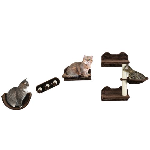 PawHut 4PCs Wall Mounted Cat Shelves w Scratching Post, Hammock, Nest Brown