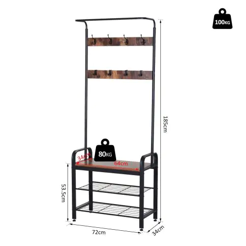  Hallway Organiser Unit Industrial Vintage Hanger for Coats Bags Shoes Freestanding Metal Frame w/ 8 Hook 2 Shelves