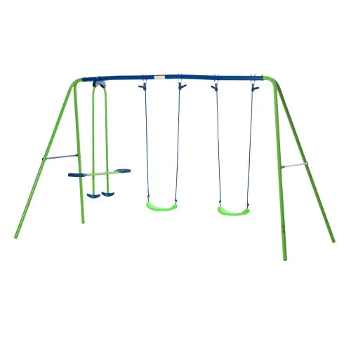 Outsunny Metal 2 Swings & Seesaw Set Height Adjustable Outdoor Play Set, Green