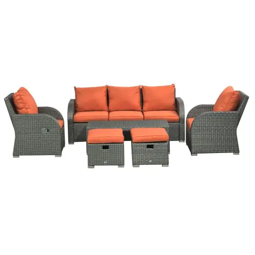 Outsunny 6pc Outdoor Rattan Wicker Furniture Set with 3-Seat Sofa, 2 Single Sofas, 2 Footstools and Coffee Table