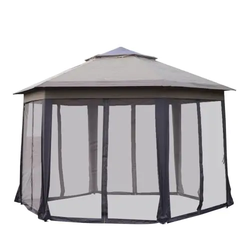  4.05m x 4.05m Metal Frame Mesh Draped 2-Tier Roof Gazebo Brown