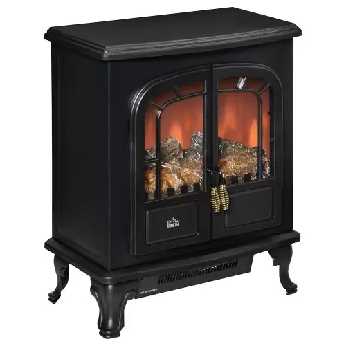 HOMCOM Electric Fireplace Stove Heater with LED Fire Flame Effect, Double Door, Freestanding & Portable with Overheat Protection, 1000W 2000W, Black