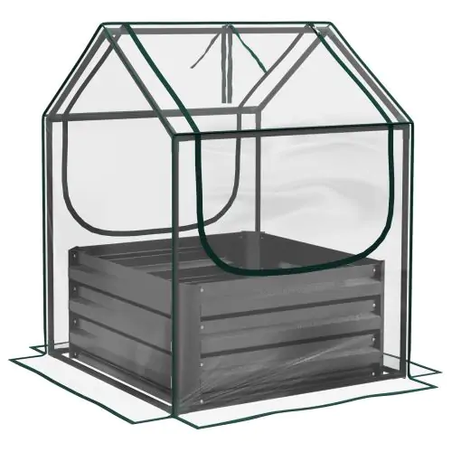 Outsunny Metal Planter Box with Cover, Raised Garden Bed with Greenhouse, for Herbs and Vegetables, Clear and Dark Grey