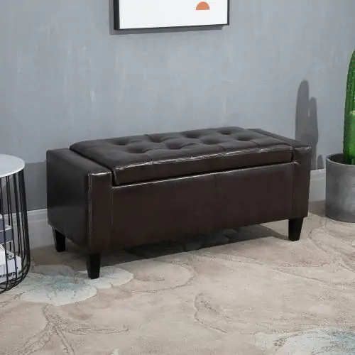  Storage Ottoman Bench PU Leather Upholstered Lift-Top Tufted Ottoman Brown