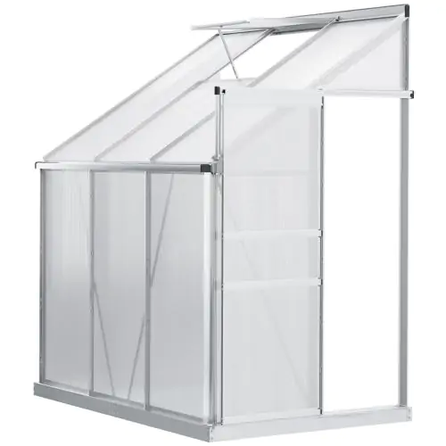 Outsunny Walk-In Greenhouse Lean to Wall Polycarbonate Garden Greenhouse with Adjustable Roof Vent, Rain Gutter and Sliding Door, 6 x 4 ft