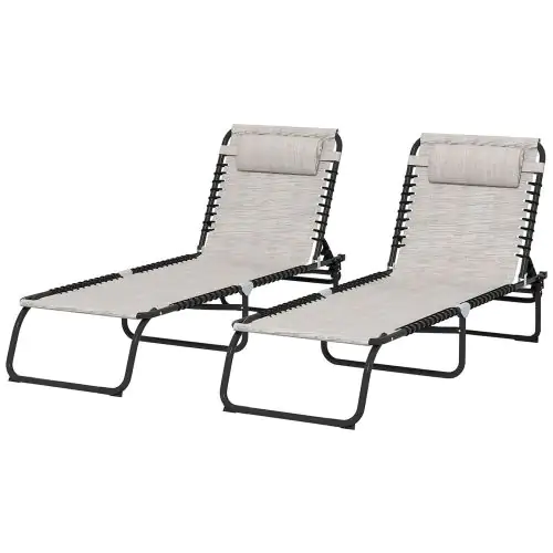 Outsunny 2 Pcs Folding Sun Lounger Beach Chaise Chair Garden Cot Camping Recliner with 4 Position Adjustable Cream White