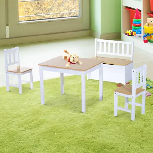 HOMCOM Pine Wood Kids 4 Pc Furniture Set-Oak/White