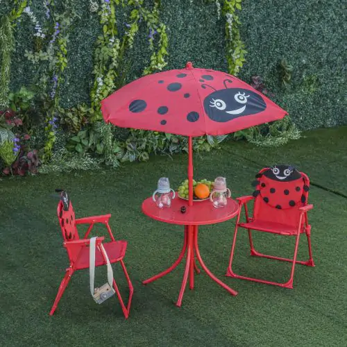 Outsunny Kids Folding Picnic Table and Chairs Set Ladybug Pattern Outdoor w/ Parasol