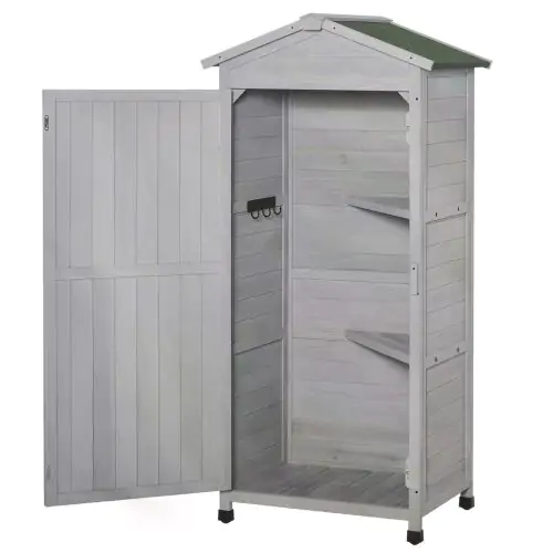 Outsunny Wooden Garden Cabinet 3-Tier Storage Shed 2 Shelves Lockable Organizer with Hooks Foot Pad 74 x 55 x 155cm Light Grey