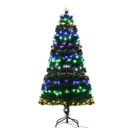  6ft Pre-Lit Fiber Optic Christmas Tree W/ Star Tree Topper, Solid Metal Base, 220 Branch Tips, 6 Color LED Lights Decoration