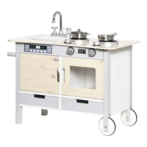  Kids Kitchen Play Set Cooking Toy w/ Wheels Sink for 3-5 Years Old Nature Wood