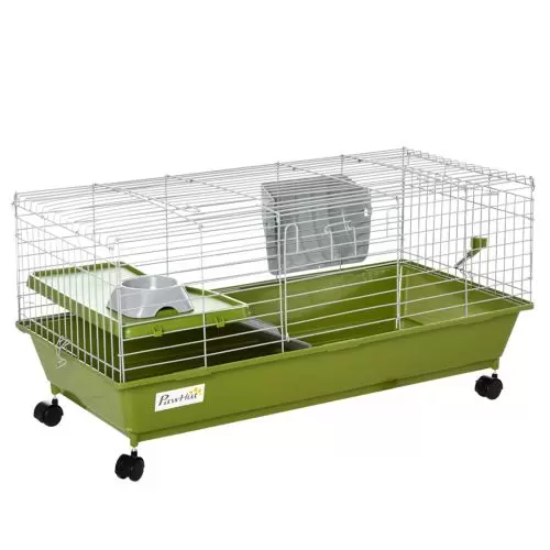 PawHut Small Animal Cage Rabbit Guinea Pigs Chinchillas Cage w Wheels Water Bottle Food Dish Platform Ramp 89 x 44 x 43 cm Green