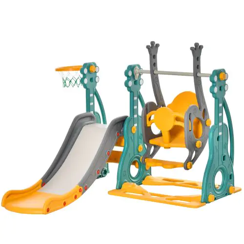 HOMCOM 3-IN-1 Kids Swing and Slide Set Activity Center w/ Basketball Hoop Slide Swing