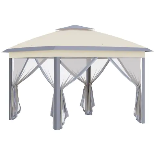 Outsunny 11' x 11' Pop Up Canopy, Double Roof Foldable Canopy Tent with Zippered Mesh Sidewalls, Height Adjustable and Carrying Bag, Event Tent Beige