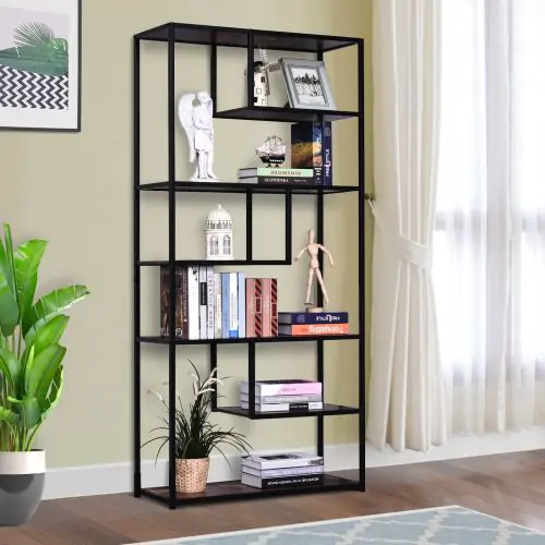  Steel Frame 6 Tier Staggered Display Shelf Black/Brown