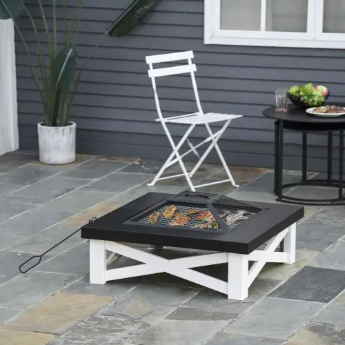  Square Garden Fire Pit Square Table w/ Grill Shelf Poker Mesh Cover Grate 86cm