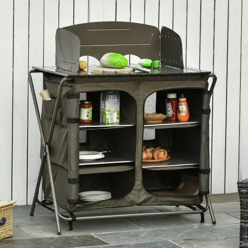  Camping Cupboard Foldable Camping Kitchen Storage Unit w/ Windshield & 6 Shelves