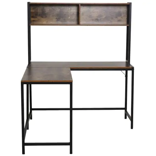  149H x 140L x 125Wcm Particle Board Industrial L-Shaped Desk w Shelf - Brown & Black