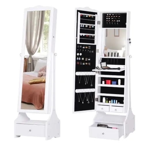  MDF Freestanding Mirror Jewellery Cabinet Full Length Mirror w/ LED Light, 45L x 36W x 150H cm-White