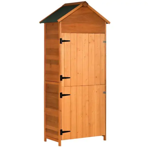 Outsunny 84 x 52cm Garden Shed 4-Tier Wooden Garden Outdoor Shed 3 Shelves Utility Gardener Cabinet Lockable Double Doors Tool Kit Storage - Teak